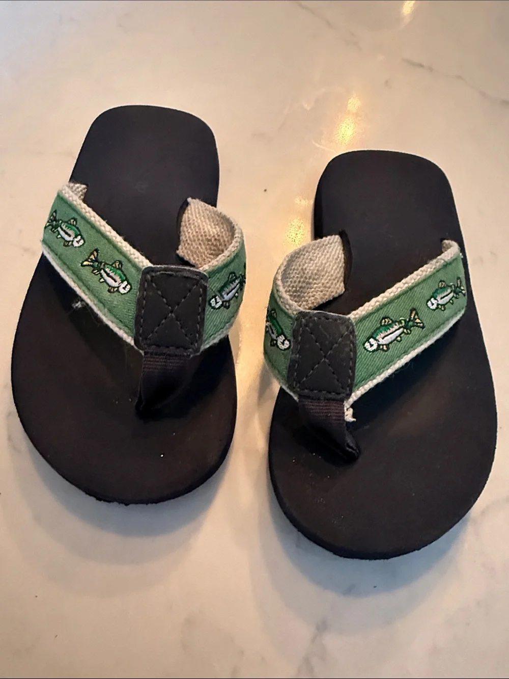 J. Crew Kids Black Flip Flops with Green Fish-Print Straps
